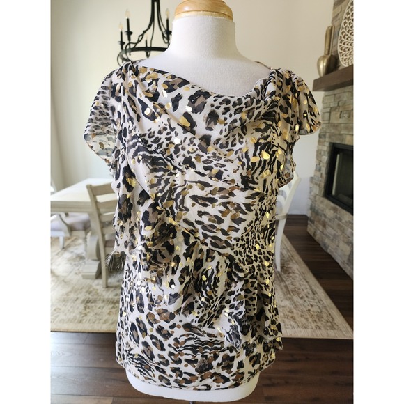 BCBGeneration Tops - Y2K BCBG‎ Leopard Print Gold Metallic Foil Cowl Neck Blouse Top Boho Festival